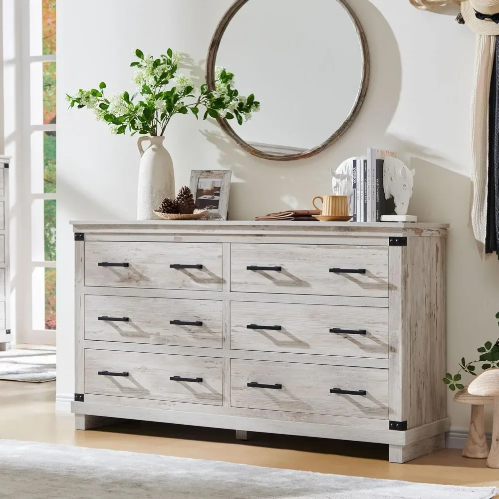 T4TREAM Farmhouse Kommode mit 6 Schubladen für Schlafzimmer, 54 breite Kommode aus Holz mit natürlicher Textur und Metallgriff, rustikaler Stauraum