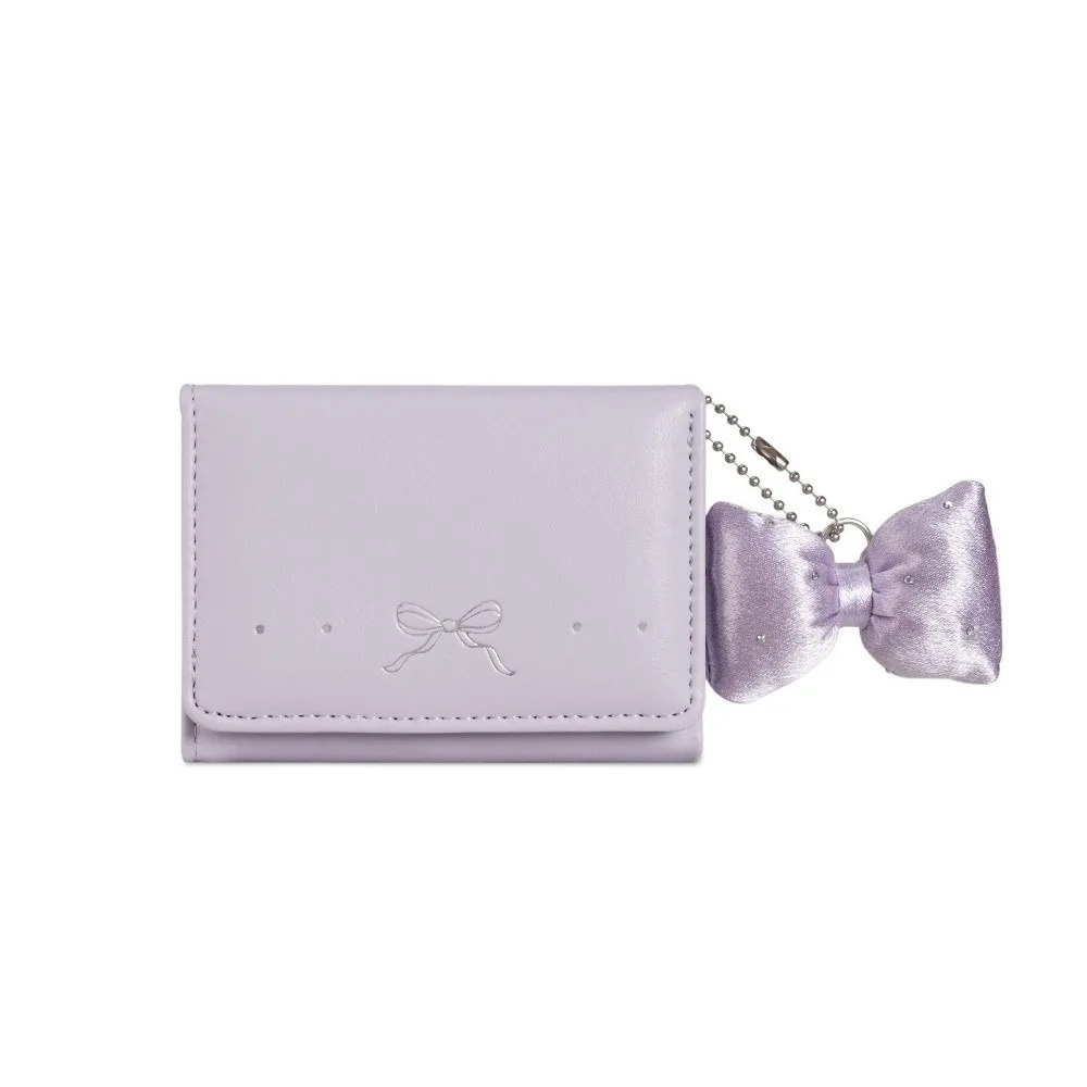 Sweet Pendant Bow Wallet Korean Style Solid Color Short Wallet Multi-functional Foldable PU Leather Coin Purse School
