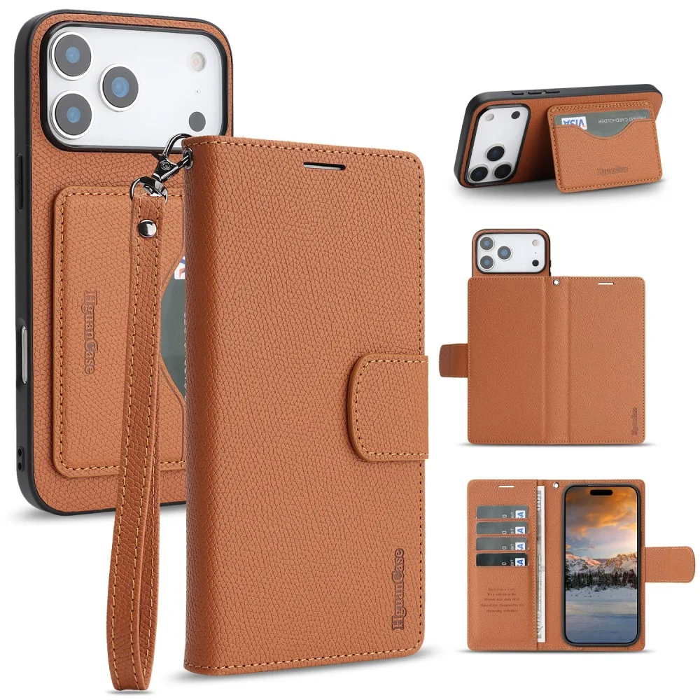 Magnetic Detachable Leather Flip Cover for iPhone Air 17 16e 15 14 Plus 13 12 Pro Max with Removable Wrist Strap