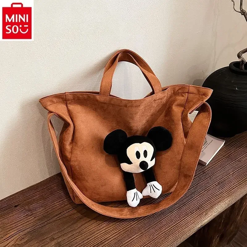 Tas Tote boneka Mickey, tas Tote kapasitas besar untuk wanita, modis dan santai, tas tangan MINISO Disney kartun Mickey Doll