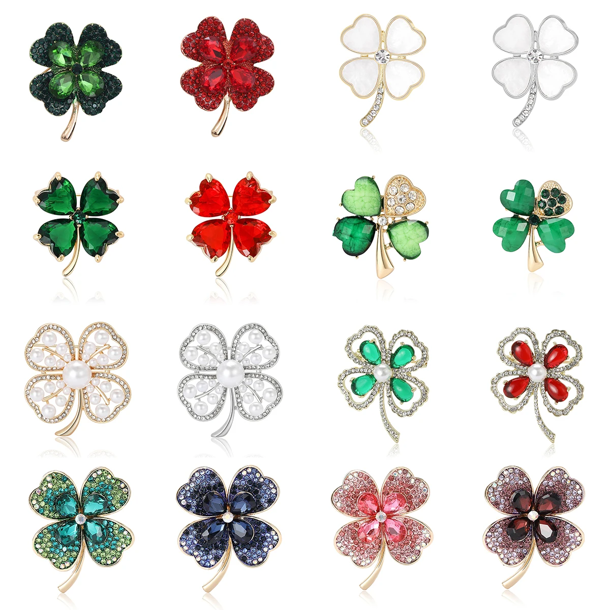 Beautiful Rhinestone Four Leaf Clover Brooches for Women Unisex Plant Pins Multi-color Available Office Party Accessories Gifts