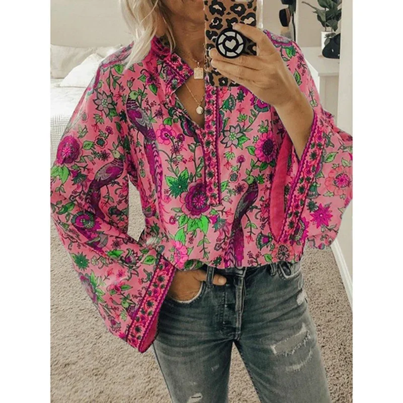 Spring Autumn Print Aesthetic Loose Casual Shirt Women Long Sleeve Vintage All Match Lady Blouse Sweet Fashion Female Clothes