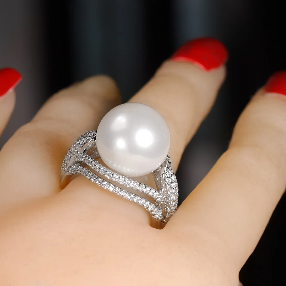 New Trendy Round Pearl Statement Rings for Women Cubic Zircon Finger Rings Beads Charm Ring Bohemian Beach Jewelry Gifts