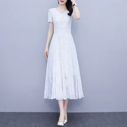 Women White Chiffon Long Dresses Summer Female V Neck Short Sleeve Large Size 5XL Elegant A Line Jacquard Pleated Loose Vestidos