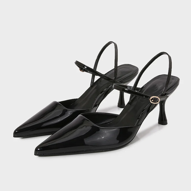 

Za 2025 spring new women's black patent leather heeled mules - stiletto, low-cut, closed-toe sandals