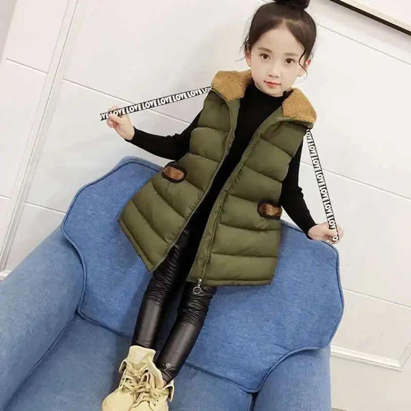 Winter Girls Cartoon Shower Hooded Warm Fleece Lined Long Zip Vest Children Waistcoats School Kids Outfit Tops For 3-14 Years