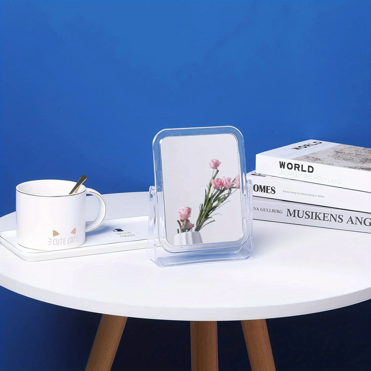 Espelho de maquiagem de mesa 360 °   Espelho flexível de rotação com suporte, espelho cosmético de mesa, bom para banho, barbear, viagem-retângulo