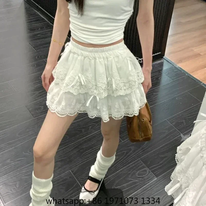 Deeptown Coquette White Lace Short Skirt Ruffle Women Sweet Bow Kawaii Mini Skirts Patchwork Layered A-line Aesthetics Skirt