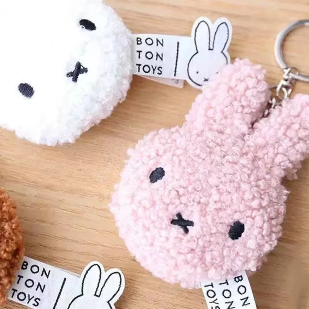 Kawaii Miffy Plush Keychain Cute Key Ring Soft Fluffy Hanging Head Shape Pendant Bag Charm Decoration Accessories Girl Gift