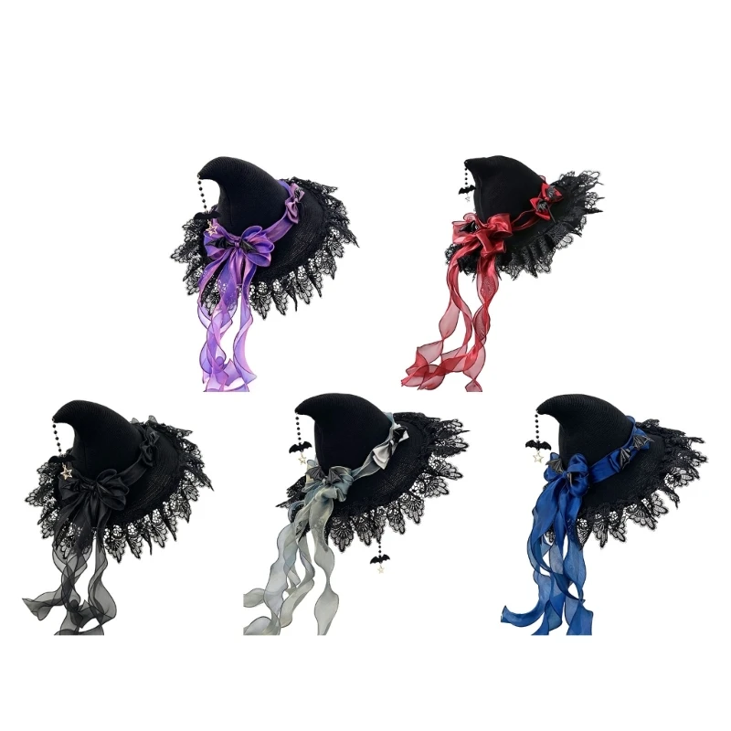 652F Pointed Halloween Witch Hat with Flared Lace Trim, Gothic Costume Accessory for Cosplay, Portraits and Holiday Parties