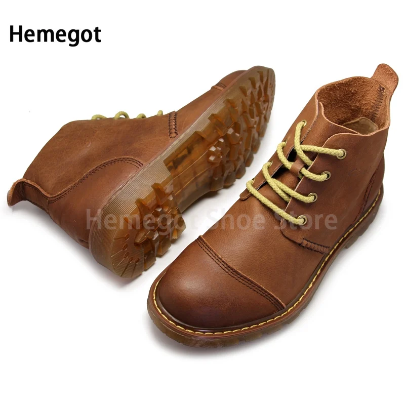 Men\'s High-Top Casual Shoes Genuine Leather Fashion Men Boots Retro Tendon Sole Soft Mid-Top Leather Shoes Trendy Boots