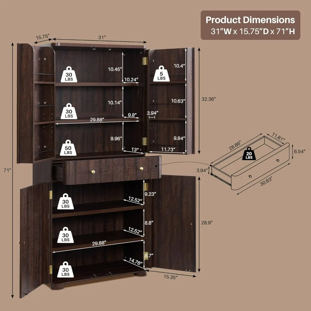 71인치 높이 주방 팬트리, 모던 곡선형 팬트리 수납장 (4개 도어, 6개 조절 가능 선반 포함), 주방용 찬장, 식탁용