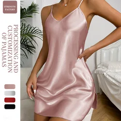 Moda cor sólida sexy camisola feminina verão sem costas suspensórios pijama saia curta casual simulação seda vestido fino senhoras