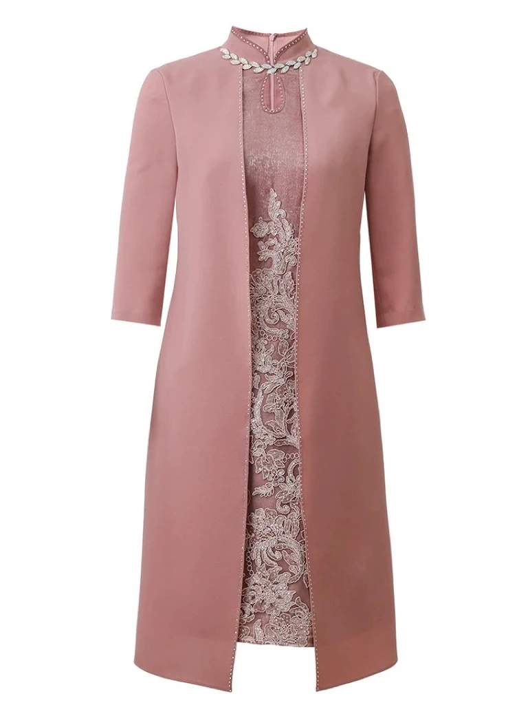 Robes de mère de la mariée rose poussiéreux, faux deux pièces, veste à manches 3/4, longueur au genou, broderie en dentelle, fête de mariage, soirée, quoi que ce soit