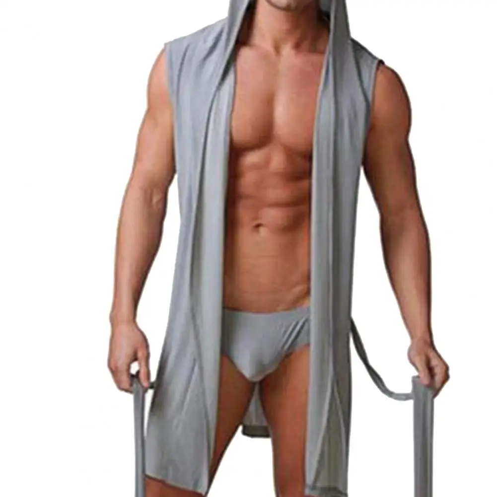 Summer Pajama Men Bathrobe Solid Color Hooded Sleeveless Sexy Sleepwear Pajama for Men Sleeping