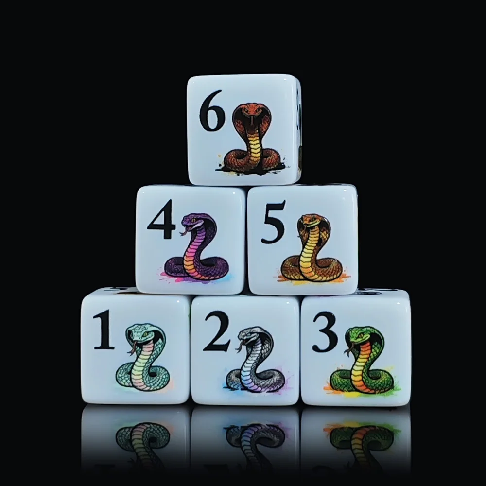 12Pcs 16MM Acrylic D6 Dice, Colorful Cobra Snake Printed Six Sided Game Cubes For DND RPG Tabletop Board Game