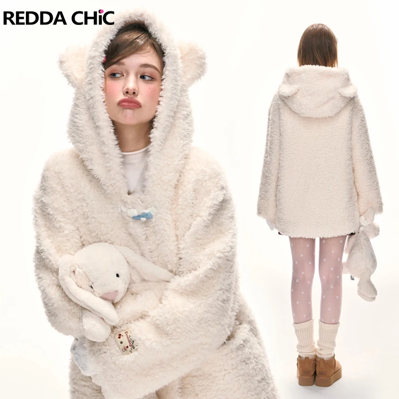 ReddaChic Winter Bear Ear Shaggy Faux Fur Coat Women Long Sleeves Hooded Pockets Horn Button Sherpa Fleece Jacket Warm Outwear