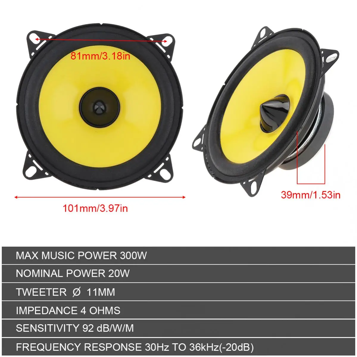 2pcs 4 Inch 300W Car Audio Speaker Universal Heavy Mid-bass Ultra-thin Modified Speaker Non-destructive Installation