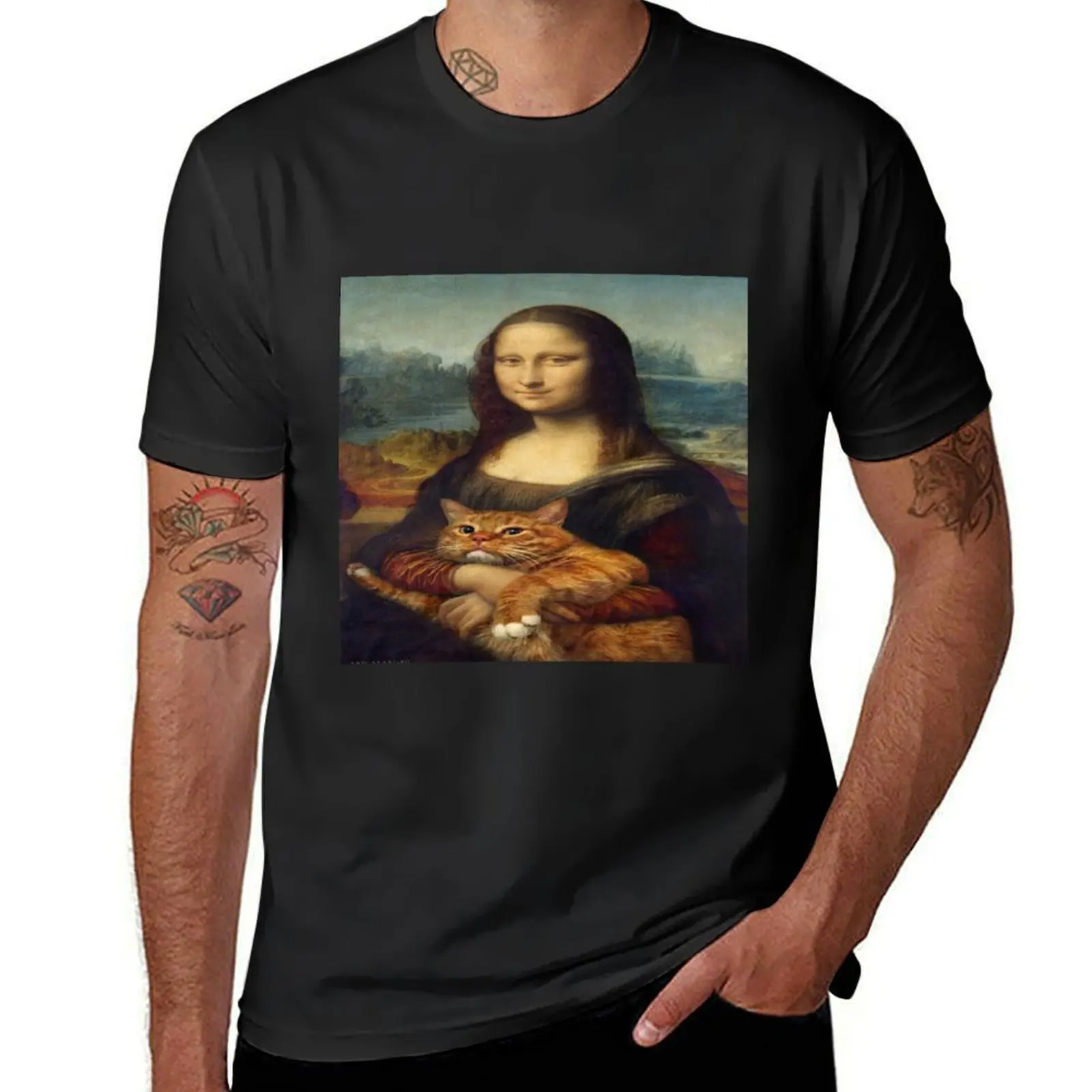 

Mona Lisa with cat T-Shirt oversized graphics mens t shirts casual stylish