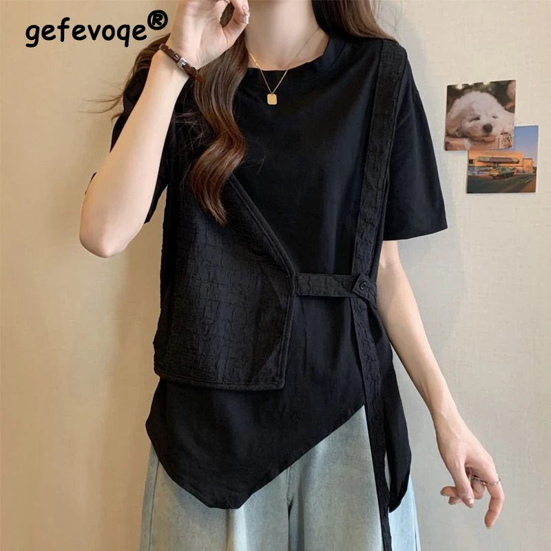 Women Trendy Lace Up Patchwork Fake Two Piece Black Asymmetrical Design T-shirt Y2K Female Casual O Neck Short Sleeve Loose Tops