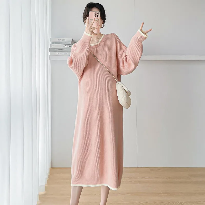 Maternity Autumn and Winter Dresses Fashion Knitted Maternity Sweaters Dress Elegant Loose Clothes for Pregnant Women Pregnancy