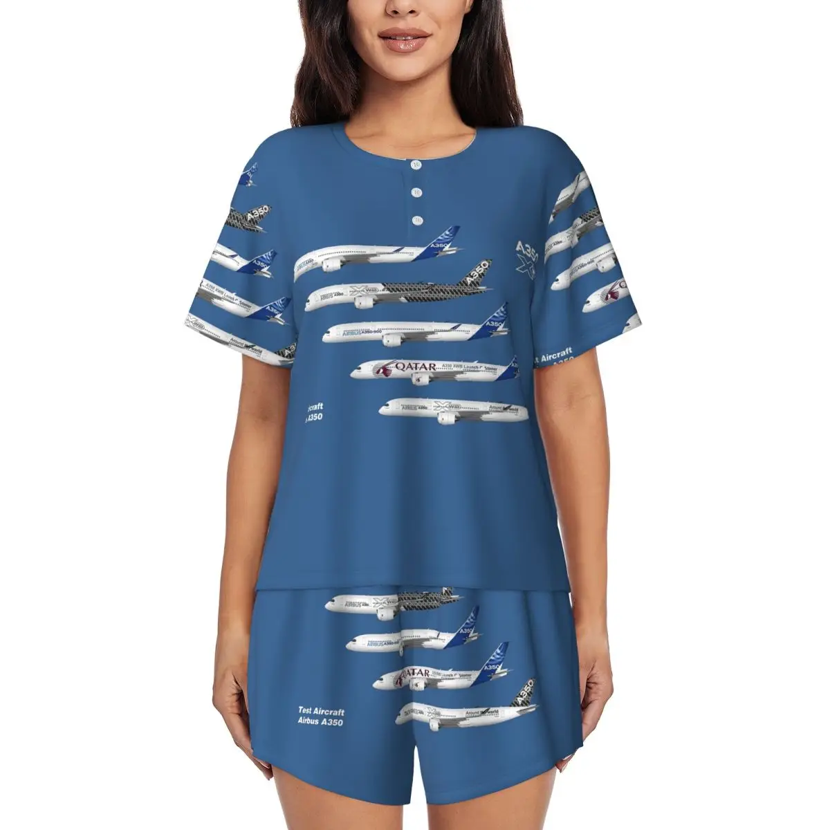 

Airbus A350 Test Aircraft Fleet Illustration Round Neck Short Sleeve Nightgowns for Sleeping Women Loose Pajama Set Short Pants