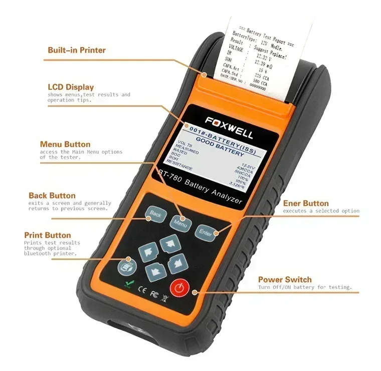 FOXWELL BT780 12 В тестер батареи 0-1000A автомобильный AGM гель EBP анализатор батарей встроенный принтер автомобильные аксессуары монитор батареи