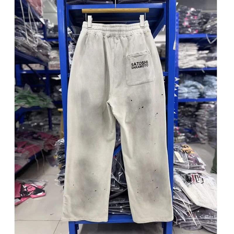 New Style Washed Ink Splattered Ripped Bathroom Satoshi Nakamoto Pants Elastic Elasticity Retro Casual Distressed Sweatpants