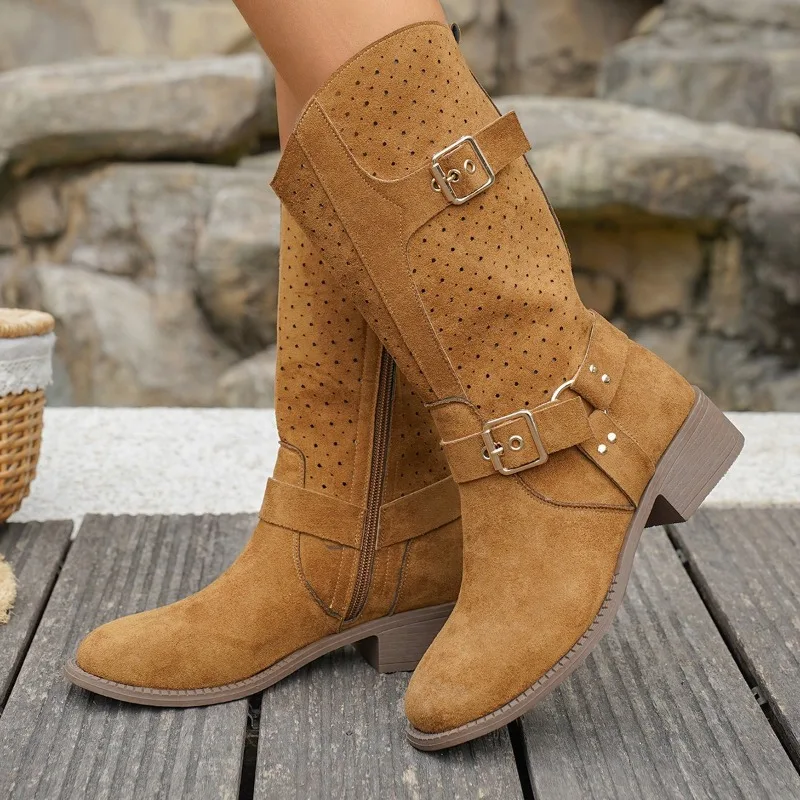 

Hot Sale Summer Hollow Out Breathable Cool Boots 2025 New Shoes for Women Retro Round Toe Zip Solid Square Heel Women's Boots