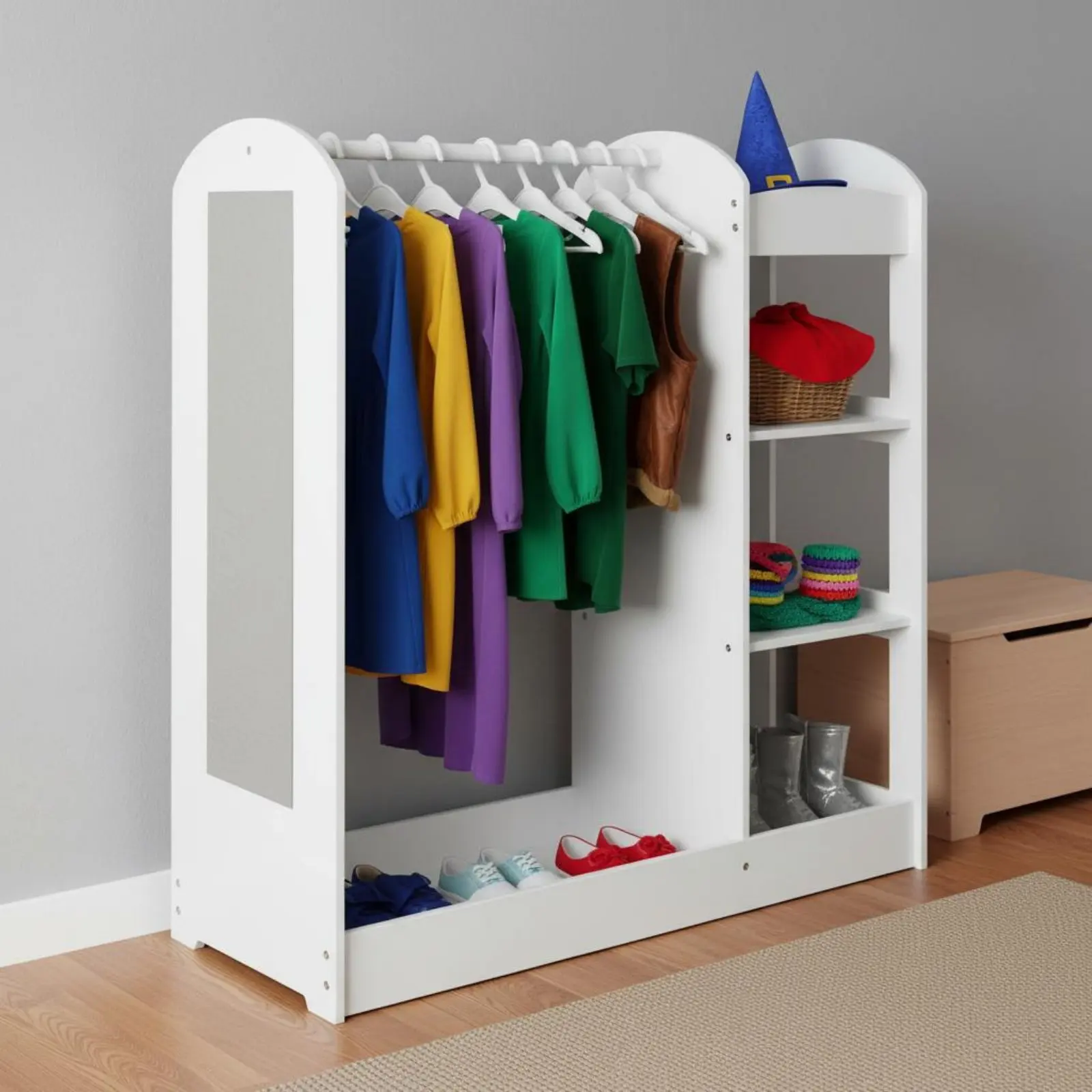 

Kids Costume Play Dressing Station with Mirror Multi-Functional Kids Armoire with Shelves Children's Costume Storage Rack