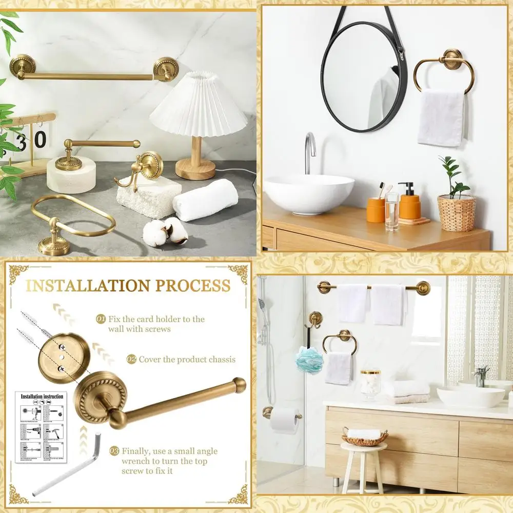 

Vintage Brass Gold Wall-Mounted Bathroom Accessories Set: Towel Rack, Ring, Paper Holder, Robe Hook