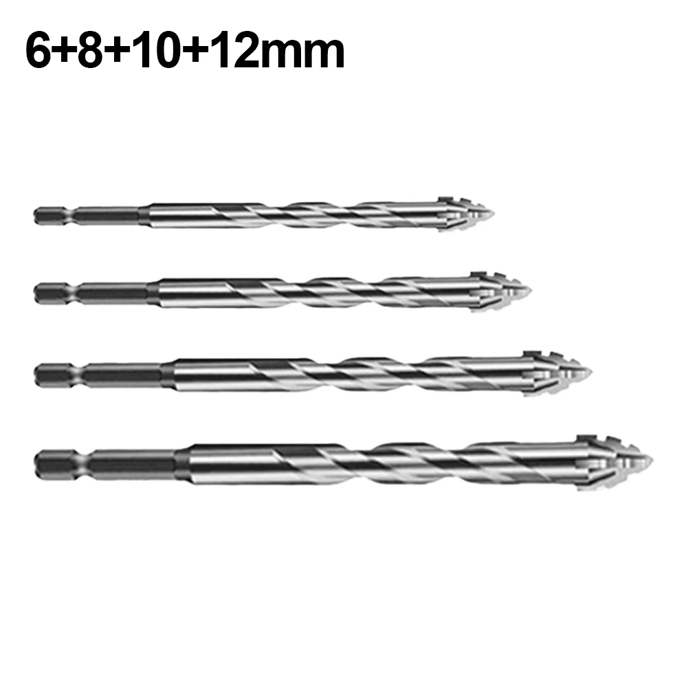 4pcs Four-Flute Eccentric Drill Drilling Glass Tile Punching Triangle Drill Bit 6mm 8mm 10mm 12mm Punching Diameter Drill Bit