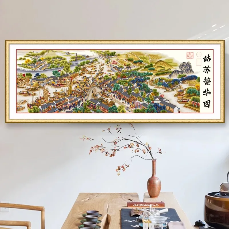 Kit punto croce, antico cinese Suzhou City Landscape Painting, tela stampata Vintage 11CT, decorazione della parete, kit di attrezzi ad ago