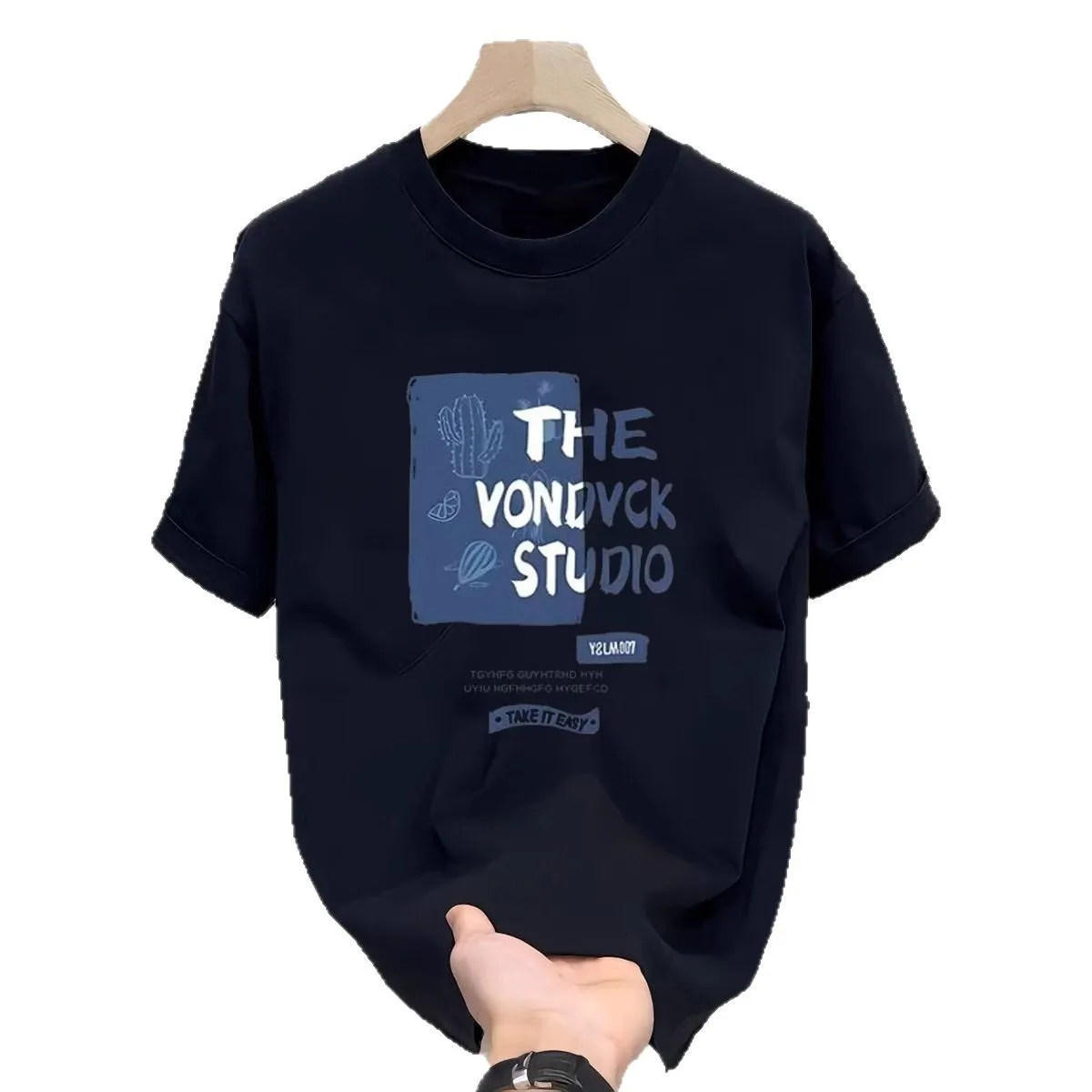 

Лето 2022, 100% хлопок, мужская свободная футболка с короткими рукавами и короткими рукавами в гонконгском стиле, модный топ большого размера