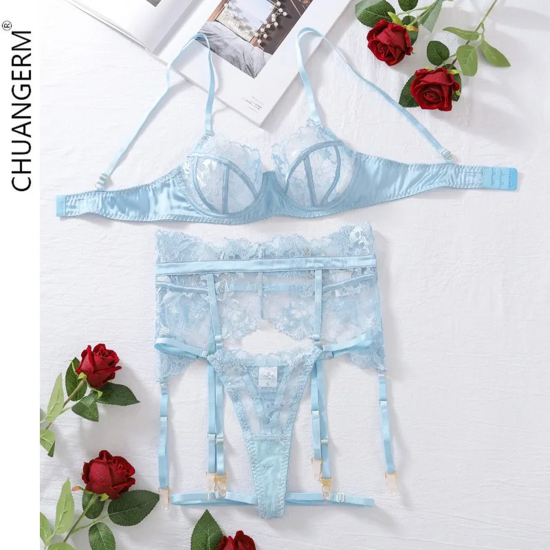 CHUANGERM,Blue Sexy Underwear lingerie set,Onlyfans,Three-point sexy underwear lace embroidery four-piece set