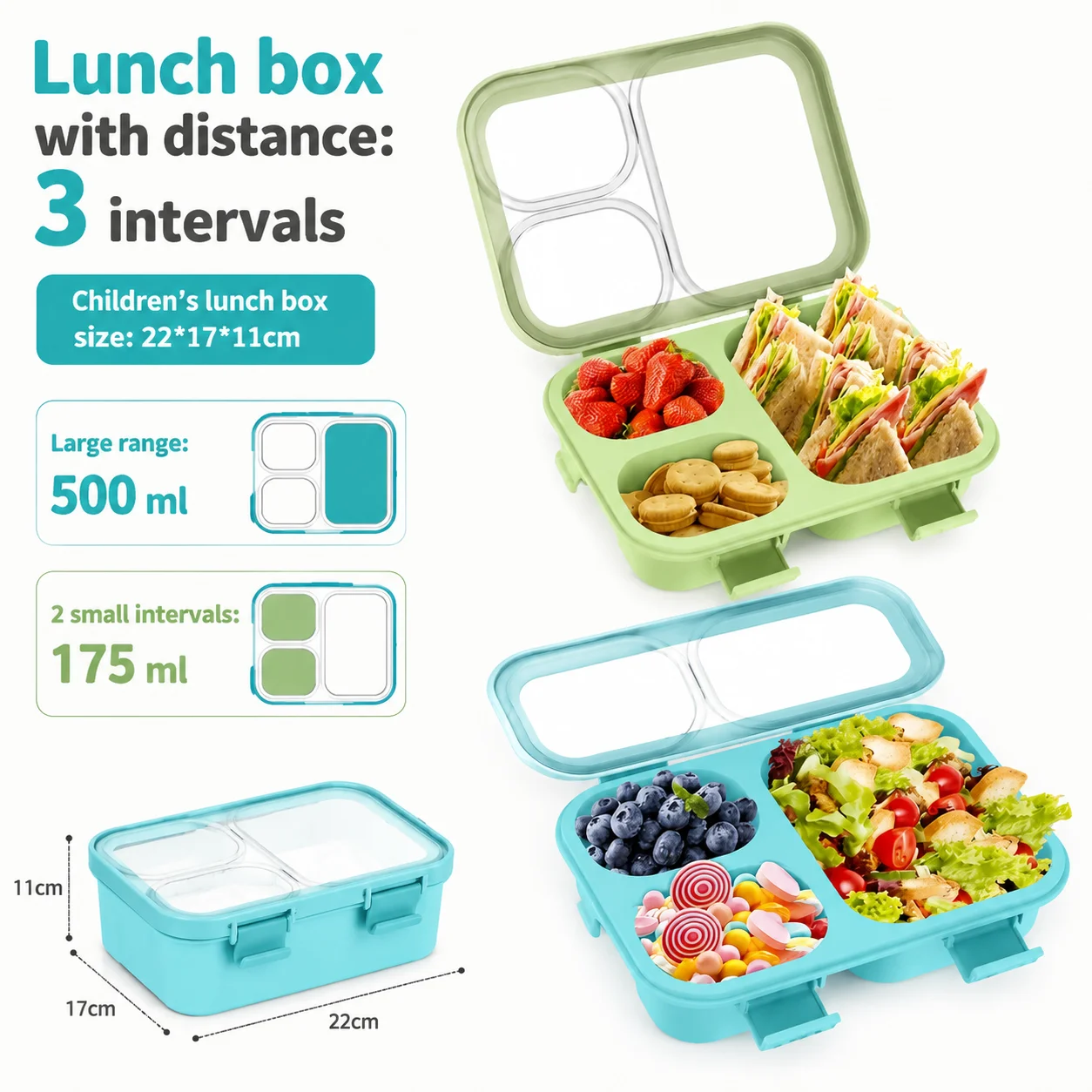 Portable 2 Pieces Lunch Box 850 ml Lunch Box Children Adult Bento Box with 3 Compartments Lunch Box with Cutlery Leakproof Lunch