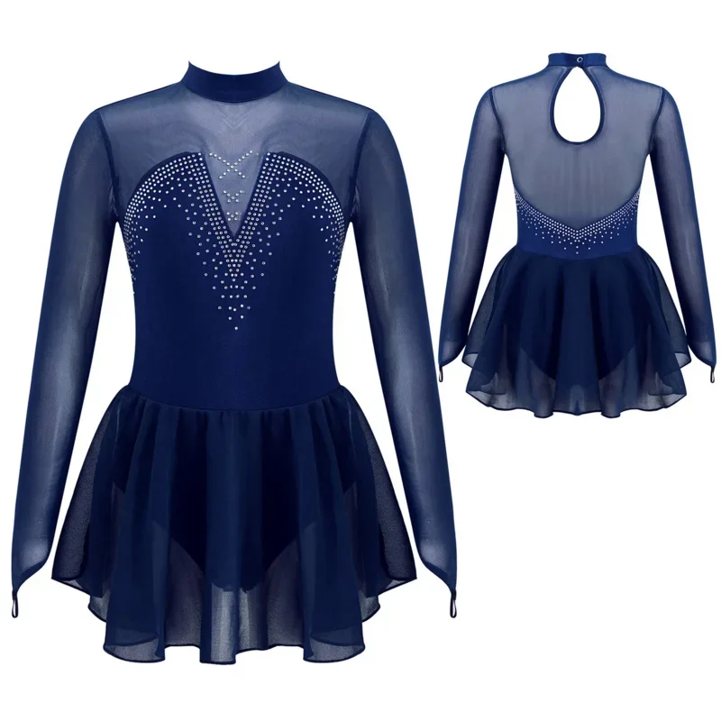 

Kid girls figure skating dress long sleeve dance dress rhinestone mesh splice dancing ballet dance bodybuilding leotard Tutu Hom