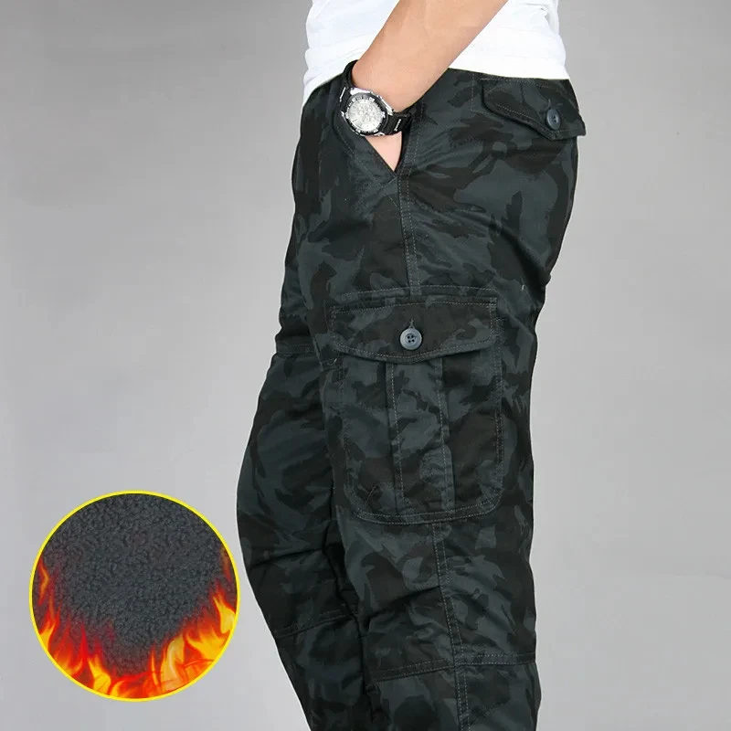 Men's Winter Cargo Pants Double Layer Fleece Warm Thick Camouflage Tactical Cotton Long Trousers Men Baggy Casual Cotton Pants