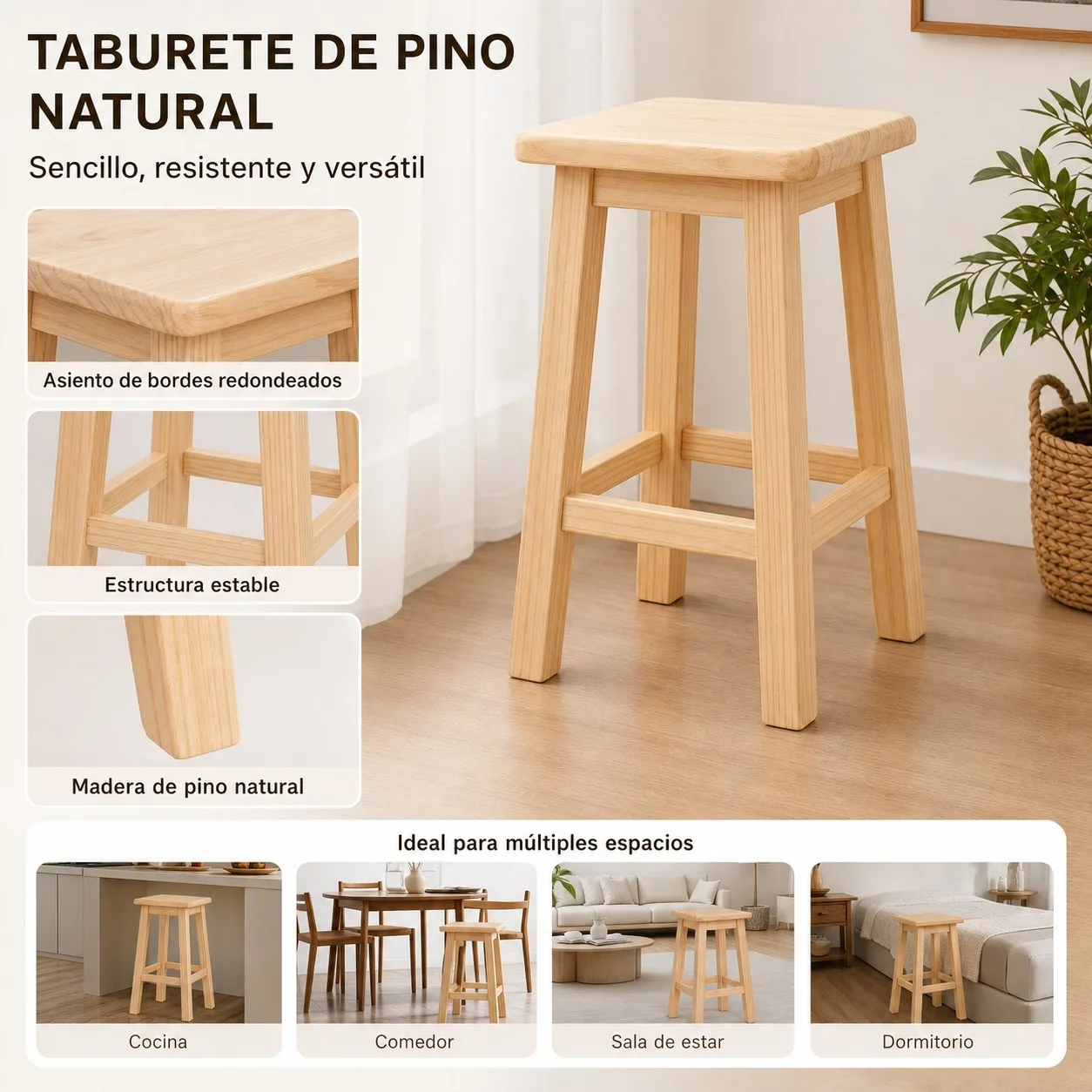 Factory Direct 2026 Natural Pine Wood Stool 30x30x48cm, Reinforced Square Seat for Kitchen and Dining Room, Stackable Waiting Ch
