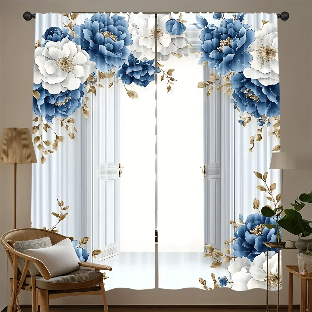 

2 Pcs Elegant Vintage Rose Floral Polyester Curtains – All-Season Rod Pocket Design for Home & Office Decor