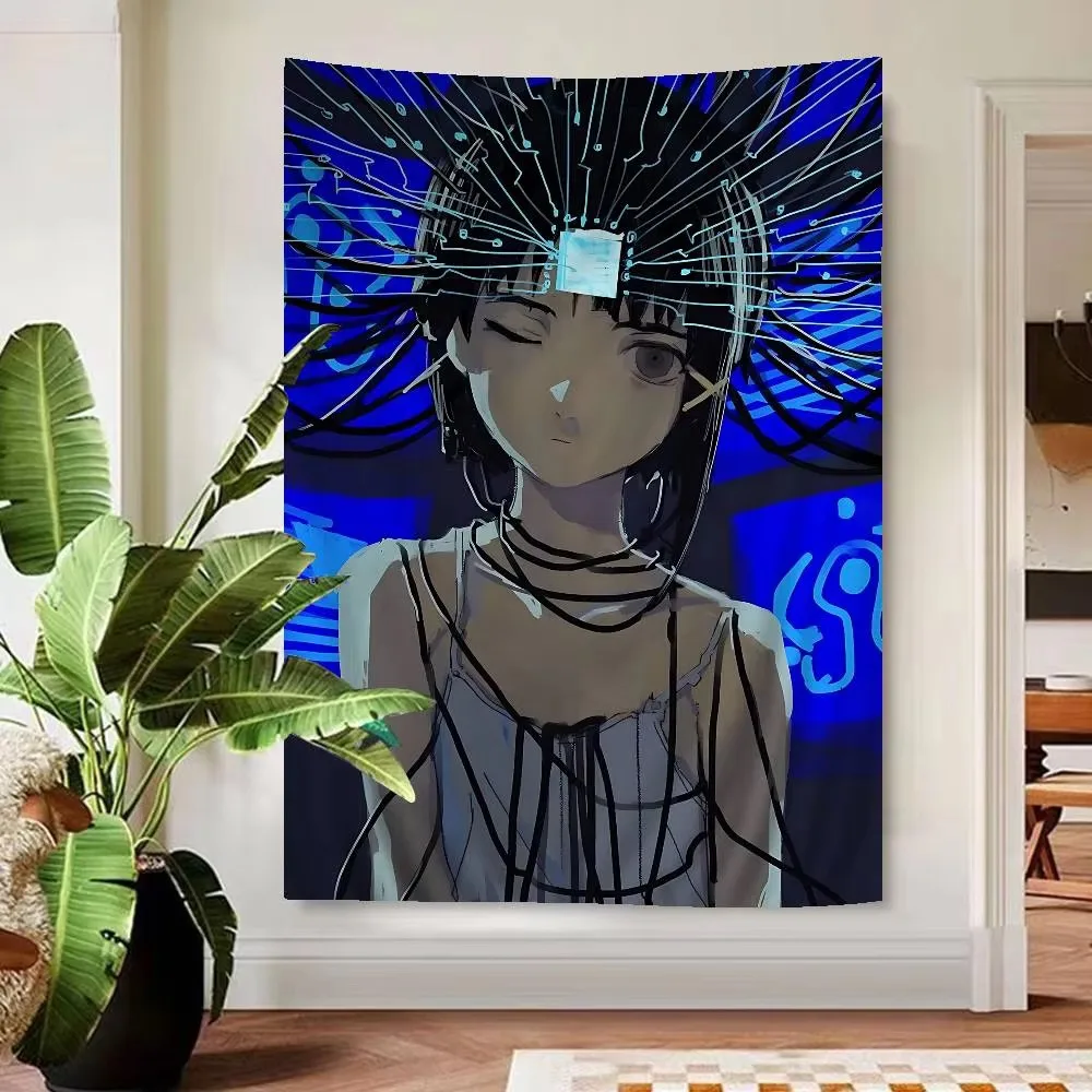 Serial Experiments Lain Anime Tapestry Wall Hanging, Hippie Flower Carpet Dorm Decor for Bedroom Living Room Cyberpunk Gift