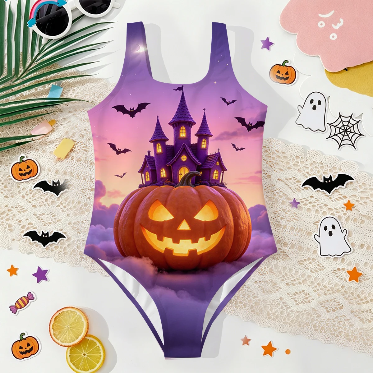Girls' Summer Halloween Grand Pumpkin Castle Fashionable Tight One-piece Swimsuit