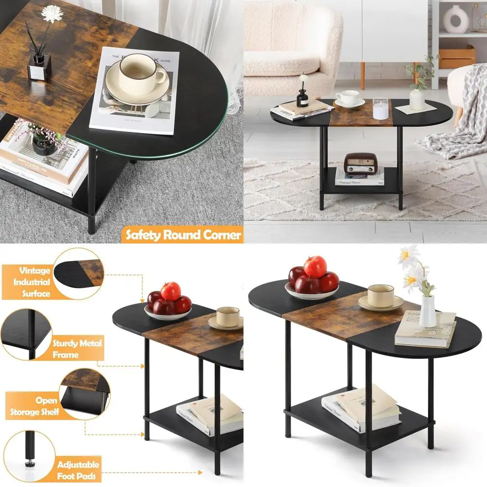 

Industrial Style 2-Tier Oval Coffee Table with Storage Shelf and Wooden Top for Small Spaces, Suitable for Home or Office, Brown