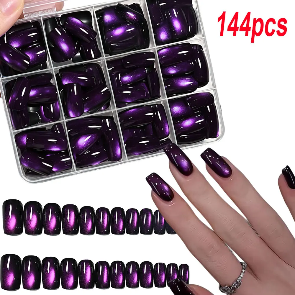 144 pièces/boîte Ongles à presser effet œil de chat violet pailleté, carrés moyens brillants, faux ongles œil de chat en acrylique à couverture complète