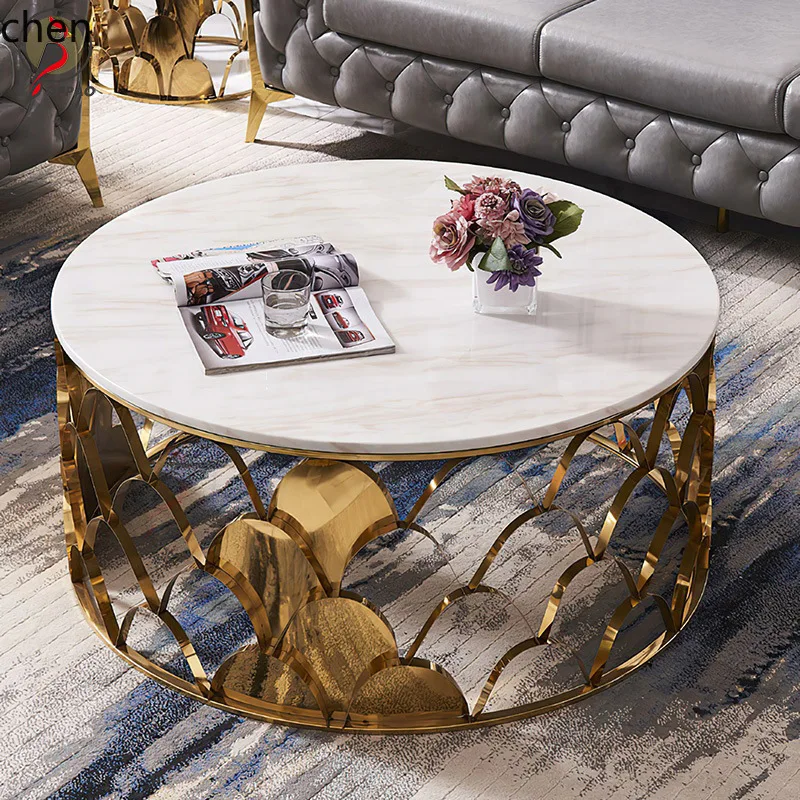 YFY Nordic Light Luxury Fish Scale Round Glass Coffee Table Modern Simple Living Room Stainless Steel Marble Tea Table