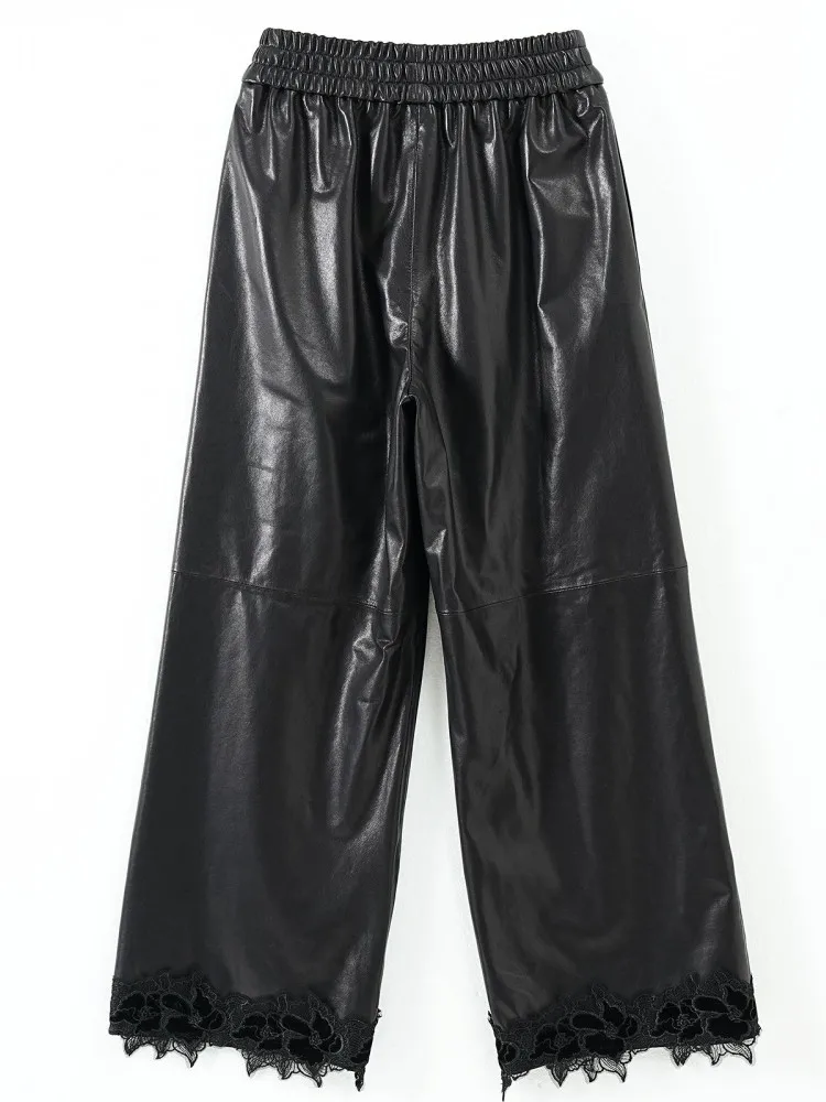 Elegant Women Autumn Lace Spliced Wide Leg Pants Comfortable Elastic Waist Sheepskin Genuine Leather Pants Loose Ankle Length