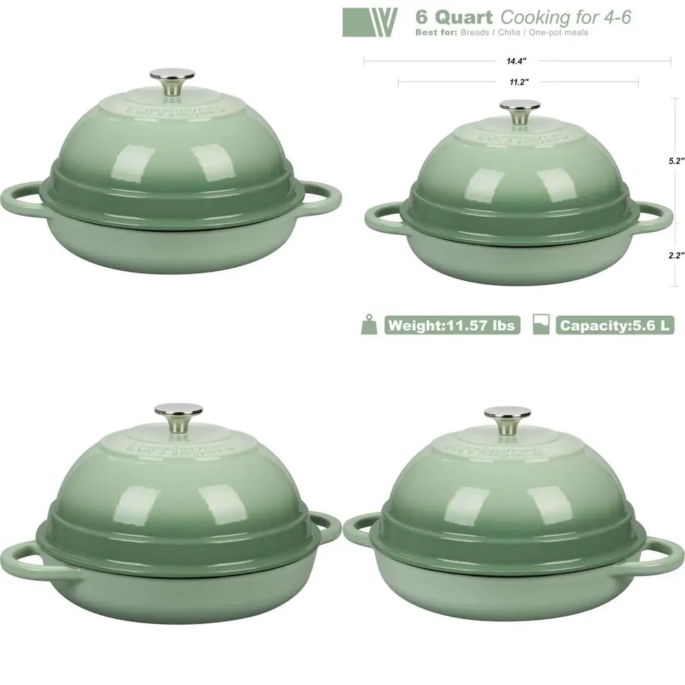 

Enameled Cast Iron Dutch Oven Pot with Lid - 6 Quart Green Bread Baking Oven, Perfect for Homemade Loaves and Baking Enthusiasts