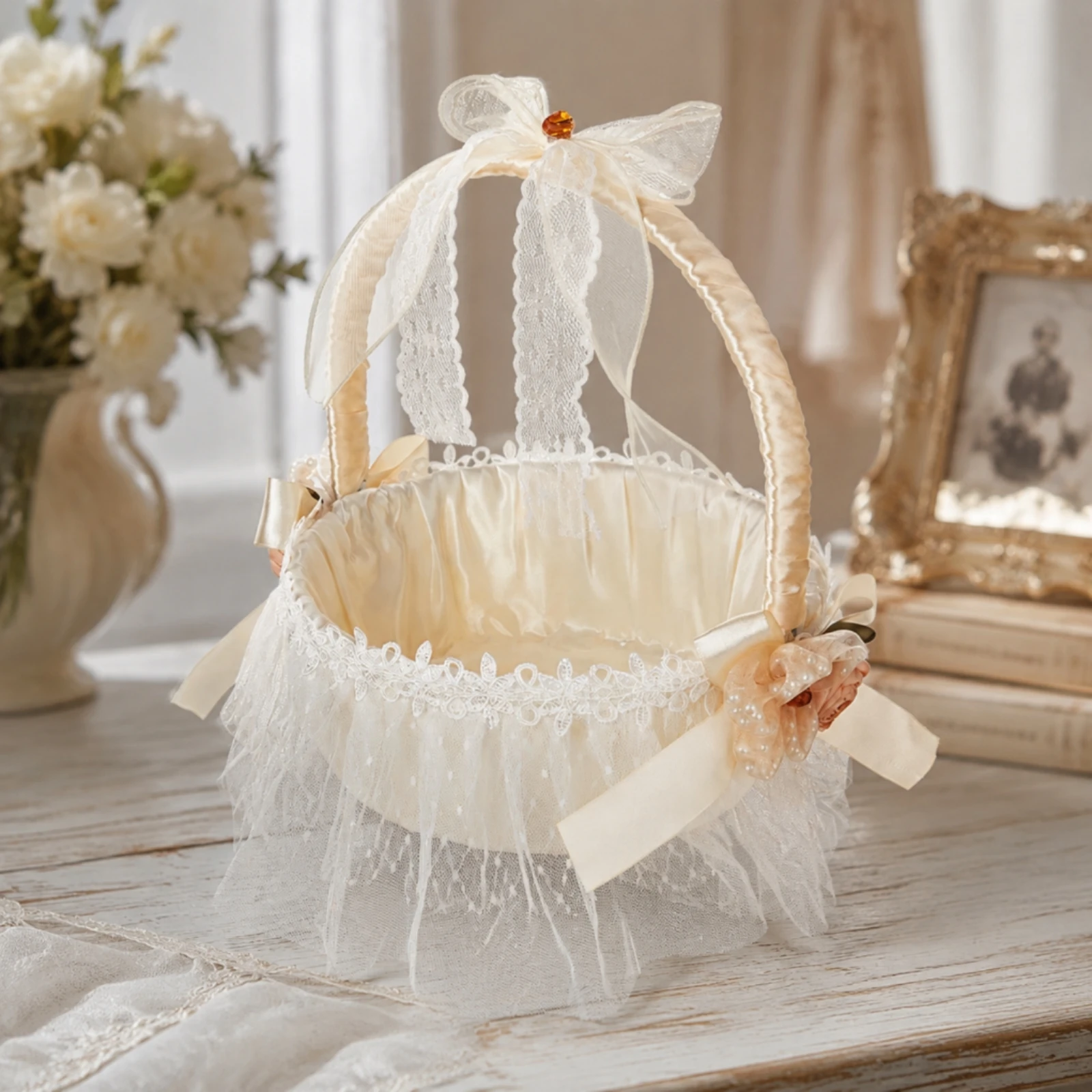 Flower Girl Basket with Ribbon-Wrapped Handle Handmade-Style Satin Flower Basket with Tulle Skirt Pre-Decorated Cute for Brides