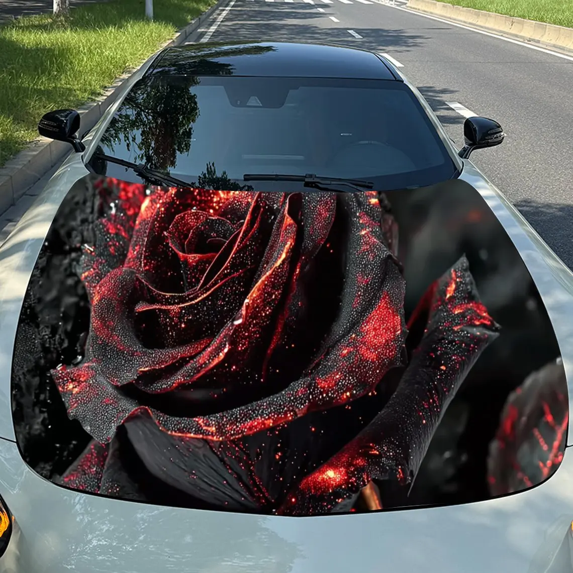 

Cool Red - Black Rose Durable Car Hood Stickers, Suitable for Most Vehicles, Ideal Gift, for Exterior Use, Vehicle Hood Protecto
