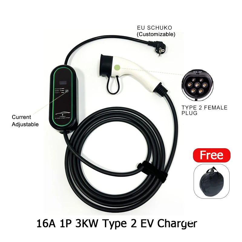Level 2 Portable 3KW 3.7KW Type 2 IEC62196-2 Electric Car Charging EV Charger 13A 16A AC 5M TPU Cable for Home Portable Using